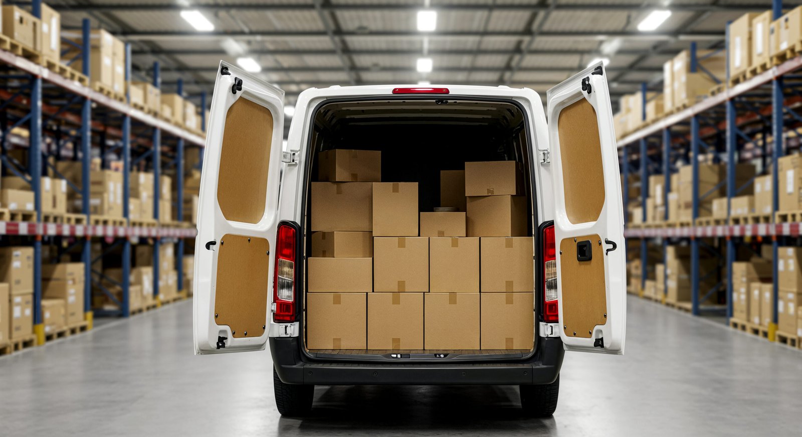 Delivery Van Loaded With Boxes Warehouse Scaled