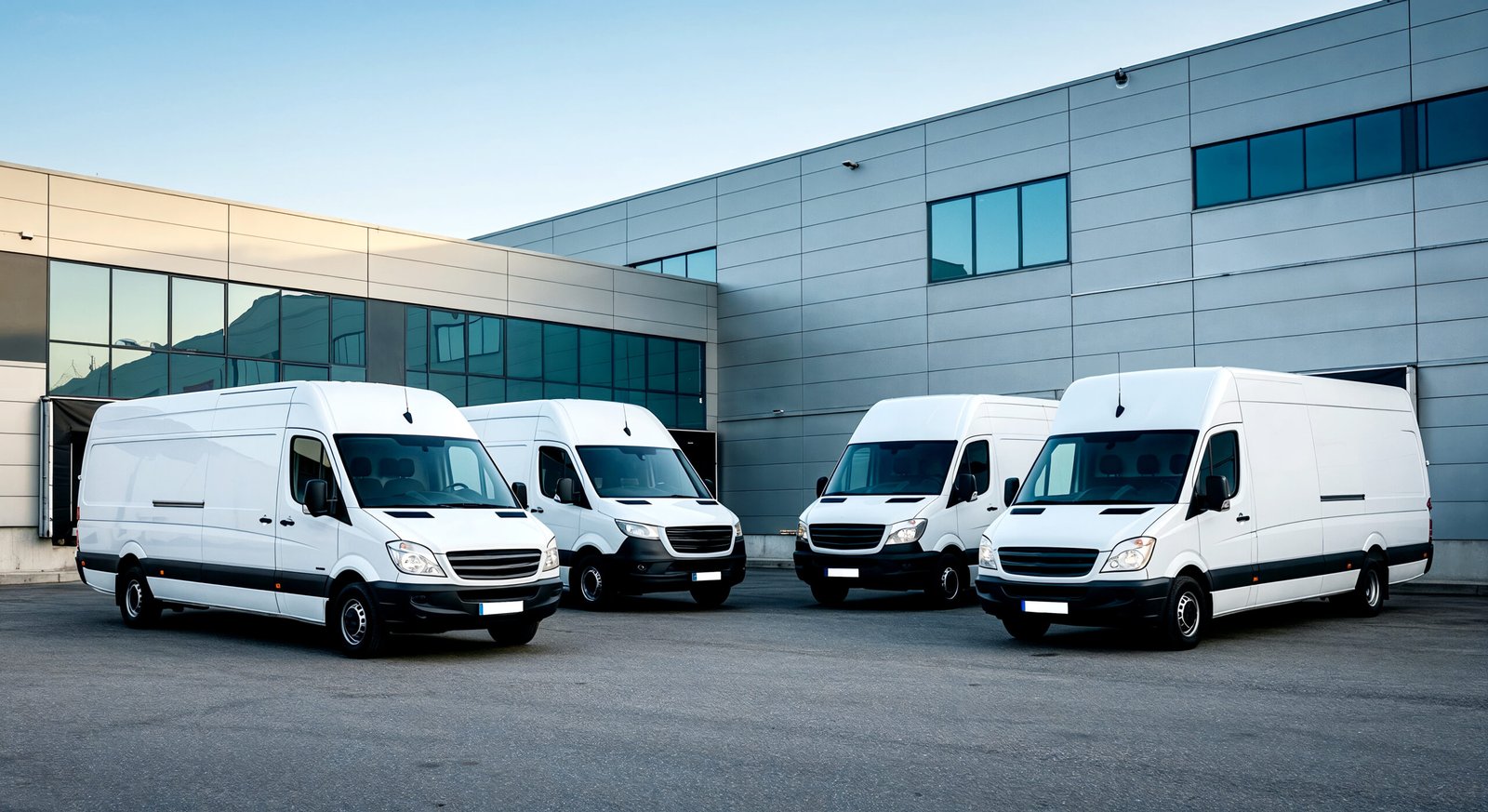 White Delivery Vans Parked Outside Warehouse Scaled